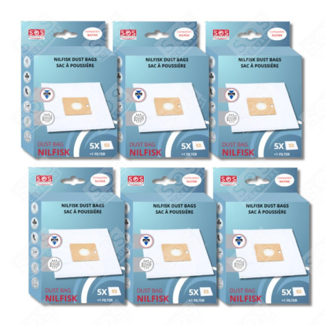 LOT DE 6 BOÎTES DE 5 SACS AVEC 1 PRE FILTRE COUPE/COMPACT/GO/FORCE ASPIRATEUR - 78602600, 22422400